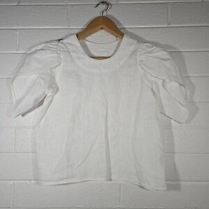 House of Flint White Linen Puff Sleeve Blouse Medium Boxy Minimalist Top